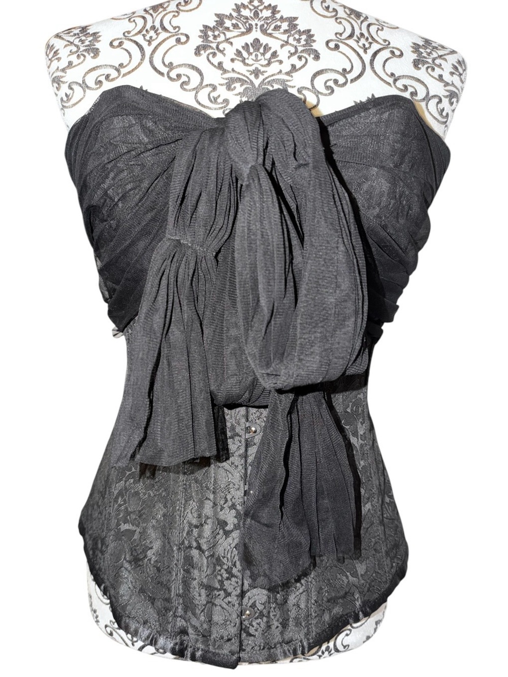 Black Jacquard Steel Boned Longline Sweetheart Neckline Corset w Sheer Tie Sash
